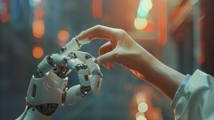 Poster - In the realm of the metaverse, the connection between a human hand and a robot hand illustrates the transformative power of technology bridging worlds