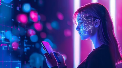 Poster - Interacting with an AI chatbot, a woman uses her smartphone to access the powerful and intelligent capabilities developed by OpenAI