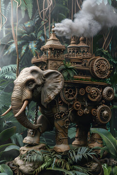 Steam-Powered Elephant Roams Jungle with Whirring Gears and Billowing Smoke in Art Nouveau-Inspired Digital Sculpture