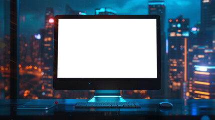 Wall Mural - A computer monitor is on a desk in front of a city skyline. The screen is blank, and the city lights outside the window create a moody atmosphere