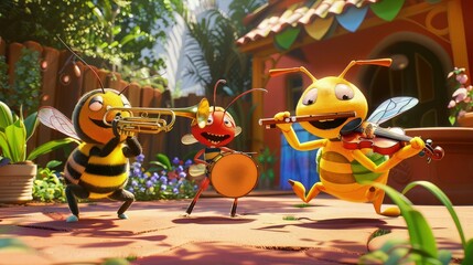 A fun and colorful stage performance with a trio of cartoon insects a bee playing a trumpet, an ant on the violin, and a ladybug with a tambourine, entertaining in a garden setting.