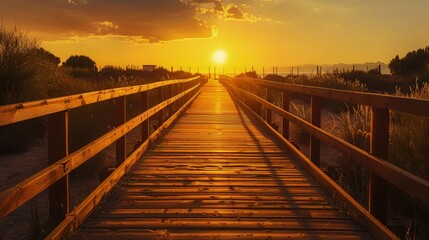 Poster - A golden sunset illuminating a peaceful wooden boardwalk in Ciudad Real, the light creating long shadows and a peaceful path leading towards the horizon.