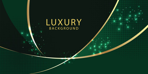 Wall Mural - Luxury green background with curved glowing green and golden line lighting effect sparkle