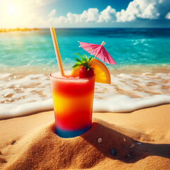 Beach summertime glass of cocktail smoothie. Multicolored and flavored cocktail fresh summer juices in a glass with straw half buried in sand on beach.
