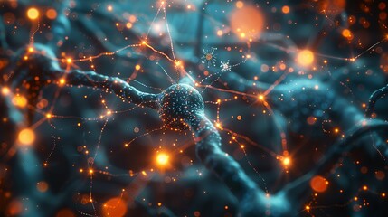 A complex network of neurons and synapses overlaid with quantum particles, suggesting the intersection of neuroscience and quantum physics in understanding consciousness. AI Technology and Industrial