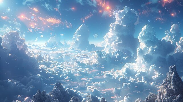 A surreal landscape where quantum particles form patterns and shapes, floating in a dreamlike sky, symbolizing the abstract nature of quantum mechanics. AI Technology and Industrial works concept,