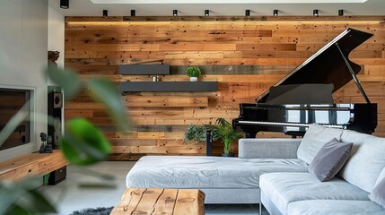 Wall Mural - A clear view of a luxury living room interior design modern sofa, piano and wooden. Generative Ai