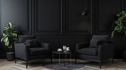 Wall Mural - Armchairs and coffee table in classic black interior . Generative Ai
