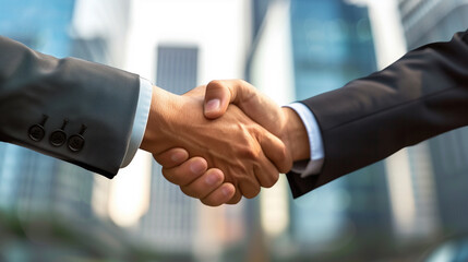 Wall Mural - Two men shaking hands in front of a building. The handshake is a symbol of agreement and trust