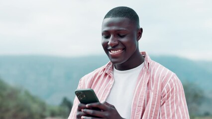 Canvas Print - Man, holiday and smartphone with nature or sky, smile and typing on social media for blog update on internet post. Communication, networking and app for online scrolling, spring break and vacation