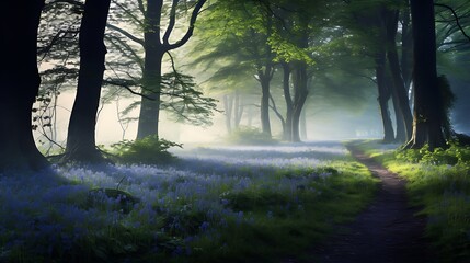 Wall Mural - A bluebell wood in early morning mist.