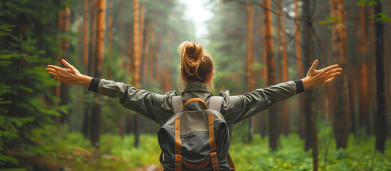 A woman is standing in a forest with her arms outstretched, looking up at the sky. She is wearing a backpack and she is enjoying the outdoors