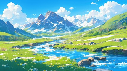 Wall Mural - an isolated mountain river runs swiftly its water sparkling clean and fresh meandering through the p