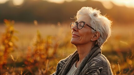 mindful senior woman portrait serene lady in chic cardigan practicing sophrology relaxation against vibrant landscape lifestyle concept photography