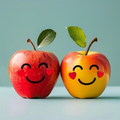 Two couple apple with smiley faces on a desk. International Friendship Day Concept.