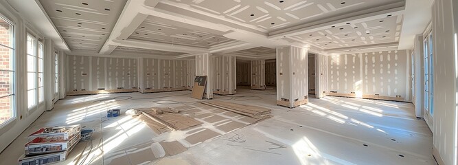 Interior construction of a home building with freshly painted walls and patched drywall