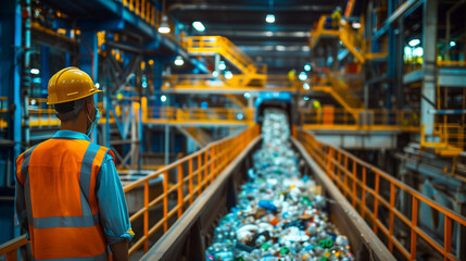 Wall Mural - A man in a yellow vest stands in front of a conveyor belt filled with trash. Concept of industrial work and the importance of proper waste management