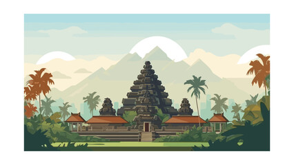 Serene Balinese Temple Silhouette with Idyllic Tropical Vector Background