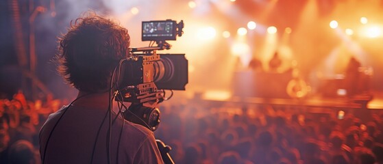 Wall Mural - A cameraman during a performance broadcasts something on television. On the elevated platform is a camera manned by an operator.