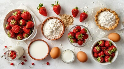 Sticker - Ingredients for making strawberry pie or cake arranged on a white surface from above including eggs flour milk sugar and strawberries Bakery setting with a recipe for strawberry pie