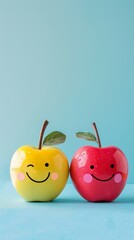 Two couple apple with smiley faces on a desk. International Friendship Day Concept.