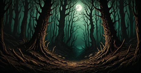 dark forest with dead trees at night under scary sky and moon. horror woods in fog. background wallpaper banner.