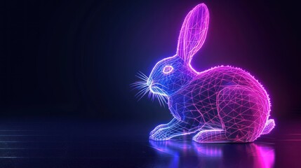 A rabbit is sitting on a dark surface with a purple and blue background
