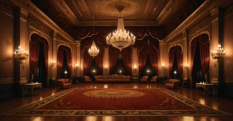 Wall Mural - ballroom palace castle room interior. empty with light fixtures with chandelier and reflections in floor.