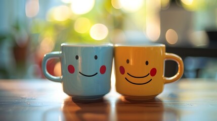 Two couple Cups with smiley faces on a desk. International Friendship Day Concept.