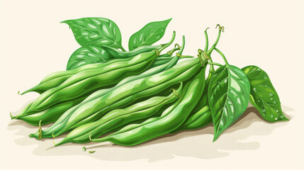 Wall Mural - Detailed illustration of fresh green beans with leaves, highlighting their natural color and fresh appearance.