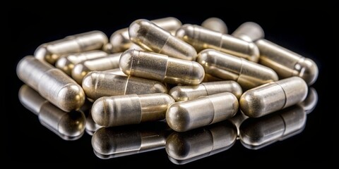 Poster - A pile of gold pills on a black background