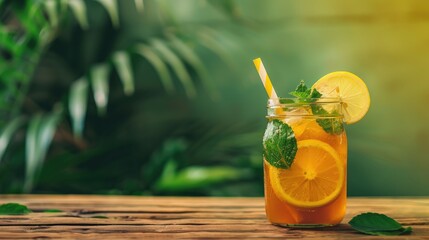 Wall Mural - Iced Lemon Tea on Wooden Table with Green Background Refreshing Summer Beverage Option Embracing Health and Tropical Vibes