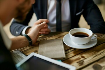 A businessman in a suit with a tablet talking to customers and a meeting with a woman in the morning is a successful business idea. The businesswoman is making a sales pitch.