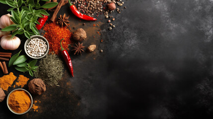 Spices and herbs on background, Top view, text space.