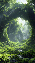 Canvas Print - Majestic Verdant Forest Arch - Serene 3D Render with Towering Moss-Draped Trees and Enchanting Atmosphere