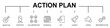© MC ren - Action plan banner icons concept . vector illustration. objective, strategy, collaboration, team, schedule, act, launch, check, implementation, on white background editable stroke