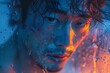 © lertsakwiman - Serene Introspective Asian Male Portrait with Ethereal Neon Surreal Atmosphere