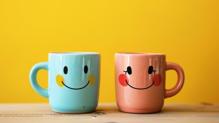 Two couple Cups with smiley faces on a desk. International Friendship Day Concept.