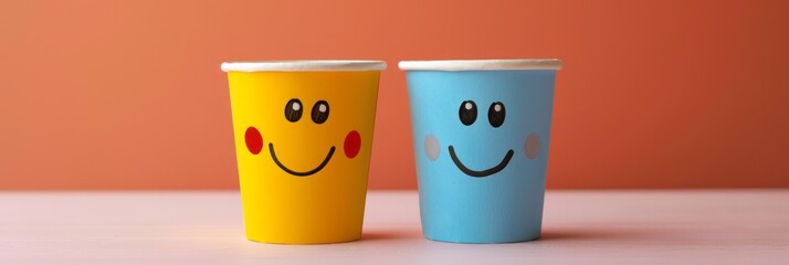 Two couple Cups with smiley faces on a desk. International Friendship Day Concept.