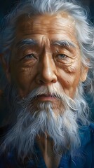 Poster - Weathered Face of Wisdom:A Thoughtful and Introspective Elderly Asian Man in Vibrant Impressionistic Style