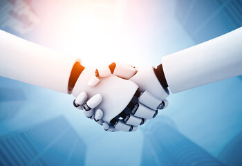 Poster - mlb 3d illustration humanoid robot handshake to collaborate future technology development by ai thin