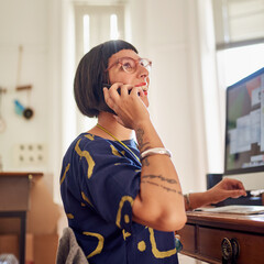 Poster - Portrait, woman and graphic designer on phone call on mobile, excited for clients or company as entrepreneur. Female person, technology and workshop for online in website, small business and startup
