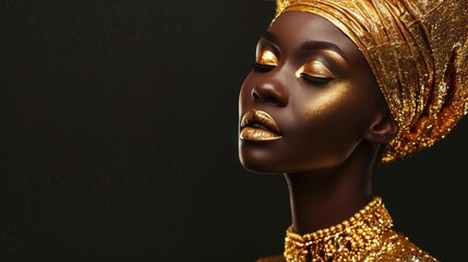 Wall Mural - Radiant African Woman with Gold Makeup and Headwrap on Black Background