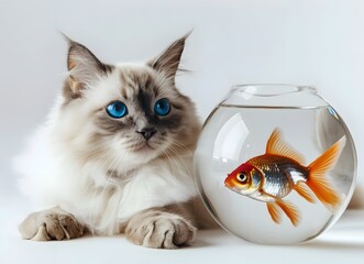 Wall Mural - Ragdoll cat with blue eyes, goldfish in fish bowl on white background