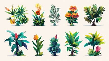 Wall Mural - Twelve vibrant plant icons with colorful illustrations of various plants such as palm trees, tulips, and ivy, all set against a bright white background