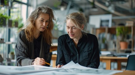 A female architect discussing building designs with a client in an office setting