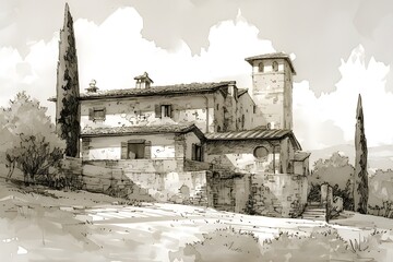 black and white illustration of italian house. old house in region country. rural european villa iso