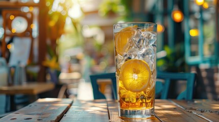 Wall Mural - Refreshing Iced Tea with Lemon Slices on a Sunlit Outdoor Cafe Table