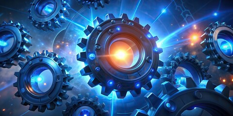 Abstract technology background with glowing gearwheels for teamwork, industrial, communication, and automation concepts
