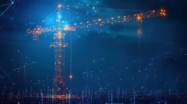Abstract building process with construction equipment in dark blue background